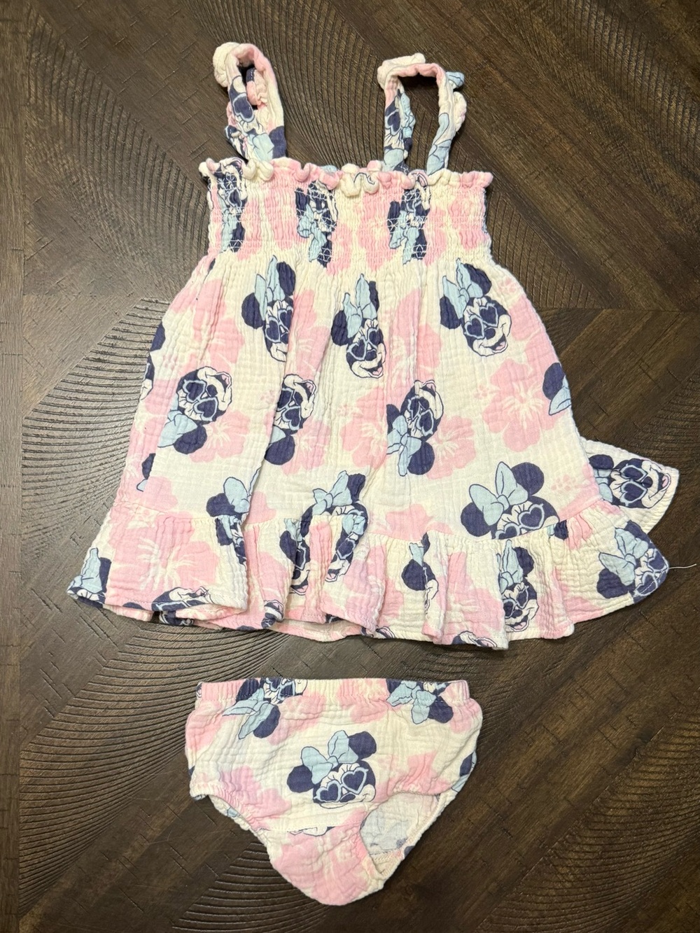 Disney Minnie Mouse Pink, Blue & White Smocked Sundress with Bloomers